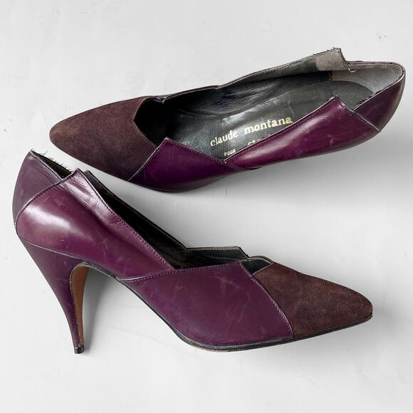 80s Stiletto Claude Montana Stephane Kelian 7.5 Geometric Leather Suede France - Picture 1 of 8